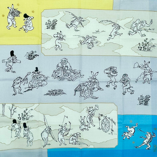 Furoshiki mit Choju Giga Tiermotiven – Zweifarbig Blau/Gelb