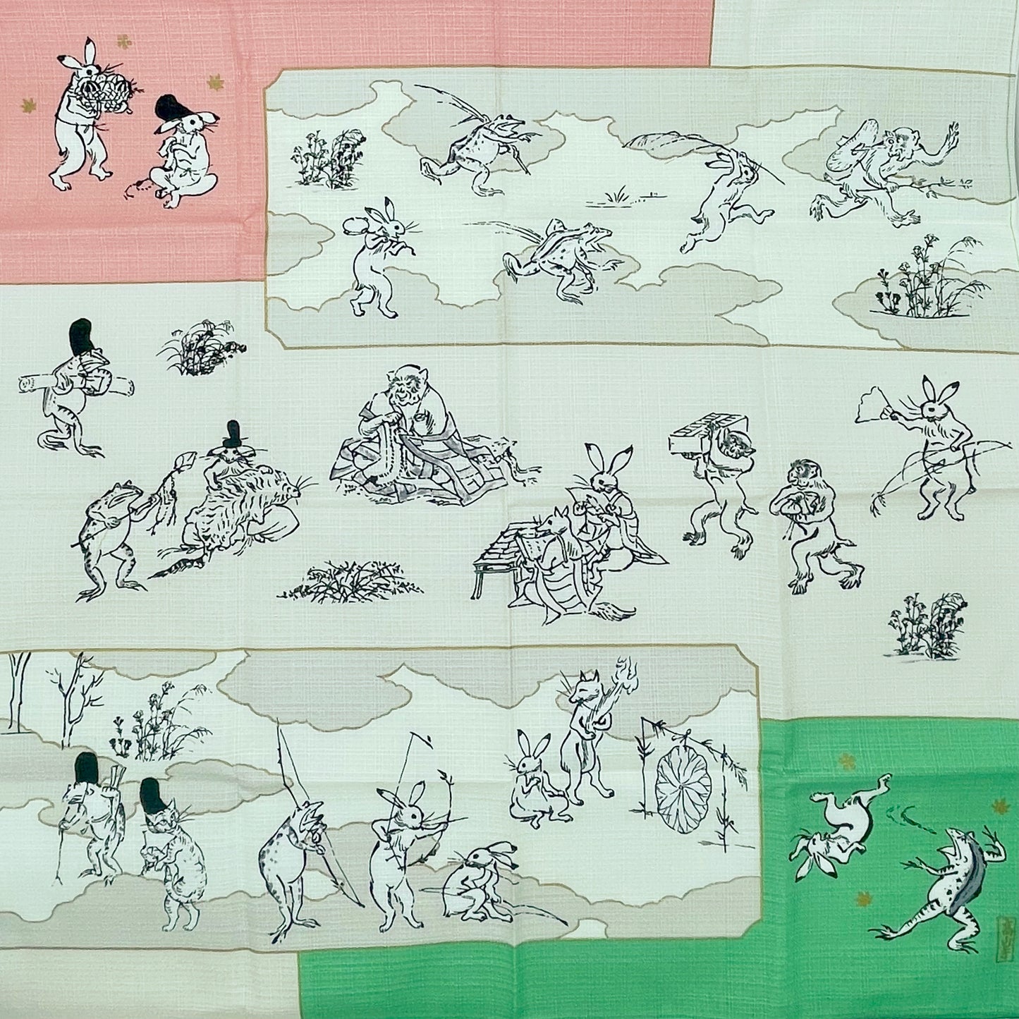 Furoshiki mit Choju Giga Tiermotiven – Zweifarbig Grün/Rot